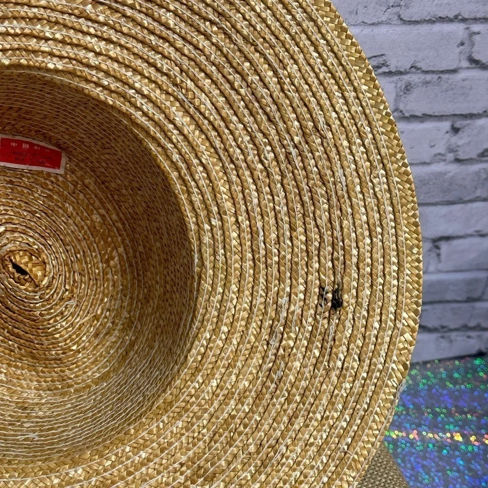 Womens Tan Straw Sun Hat Animal Print Accent Band Pearl Stick Pin Wide Brim Hat